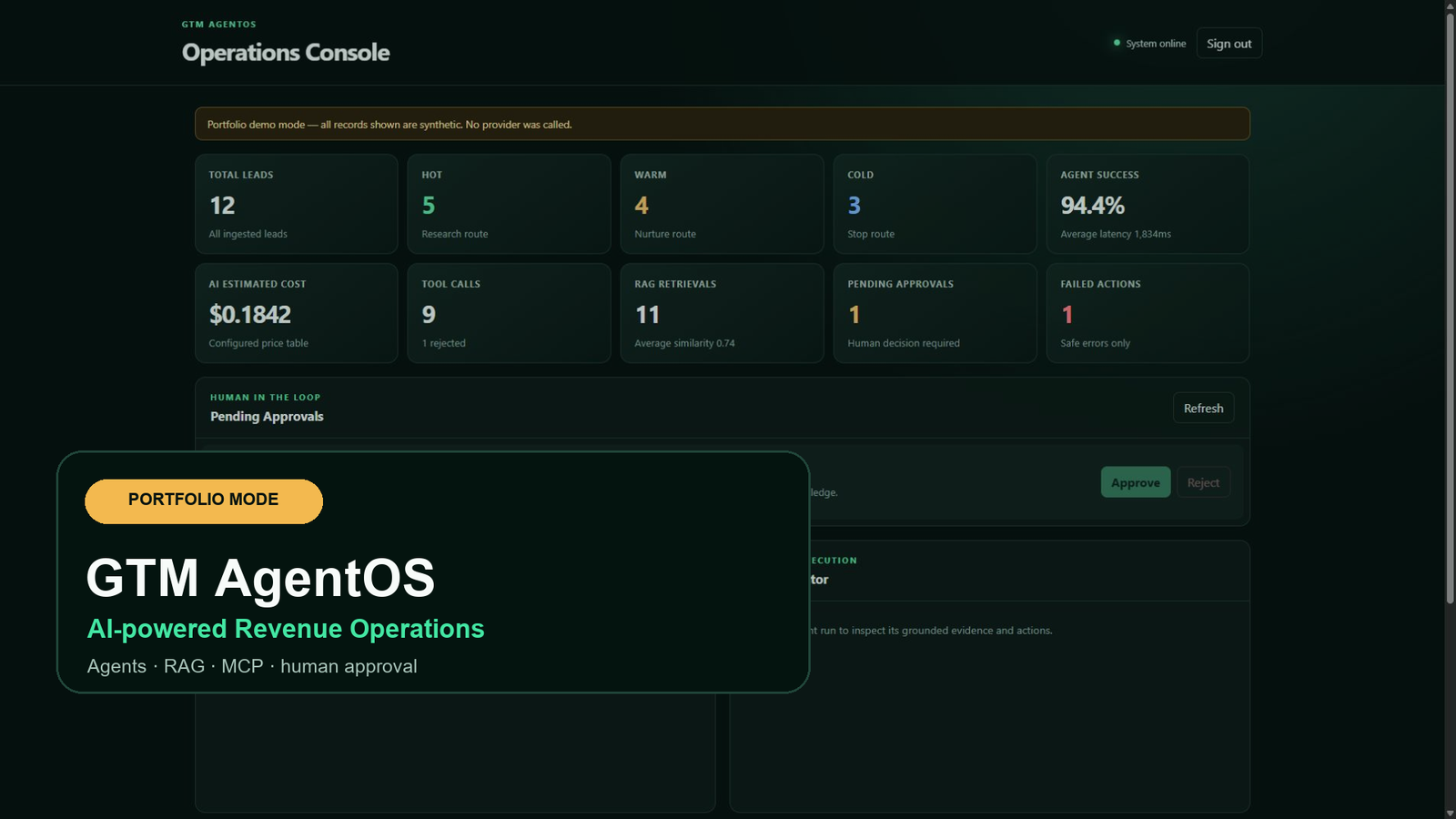 GTM AgentOS operations console in portfolio demo mode